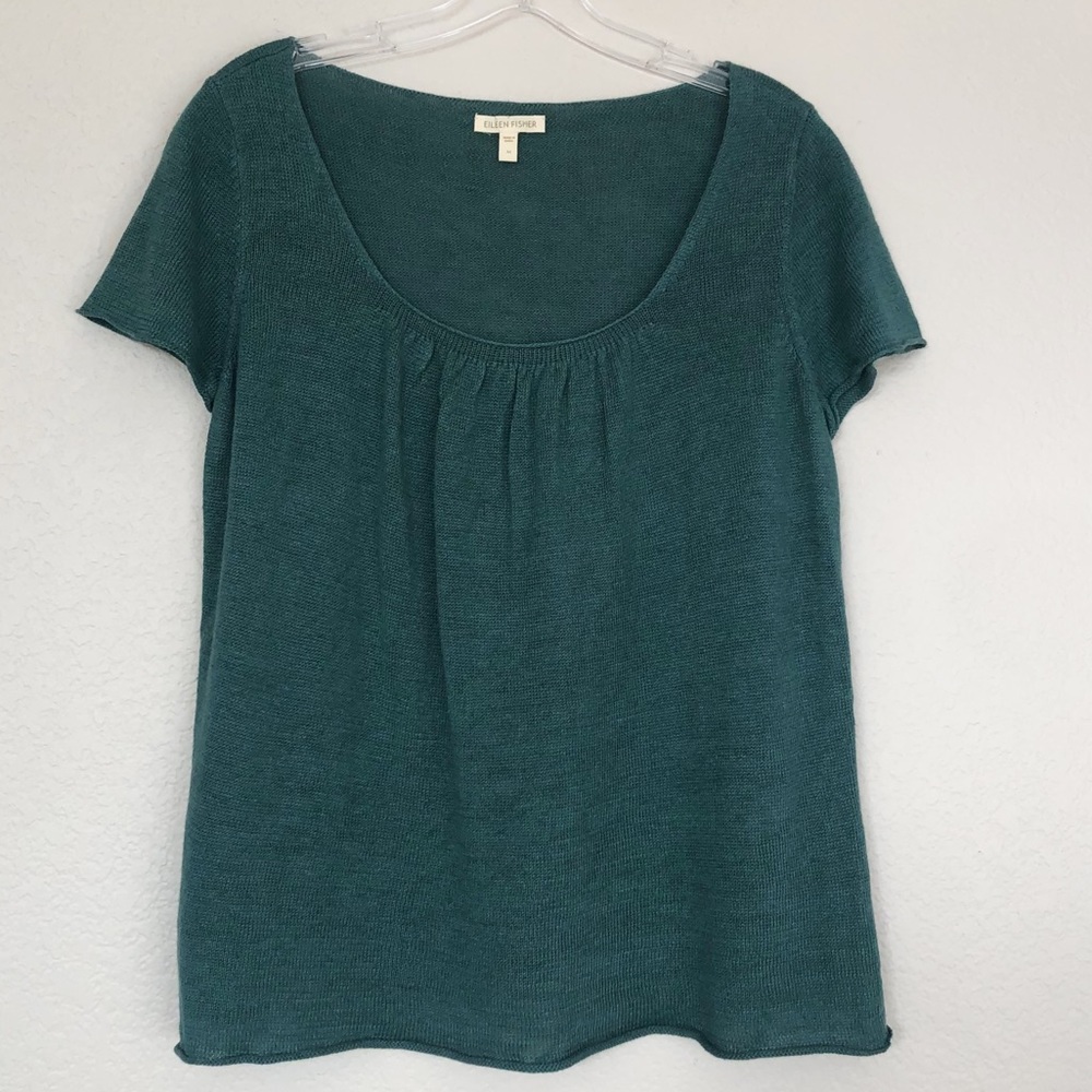 Eileen Fisher Teal 100% Linen Knit Short Sleeve Top M